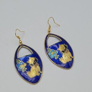 Vtg Cloisonne Kitten Cat Flower Earrings‎ Cobalt Blue Enamel Gold Dangle